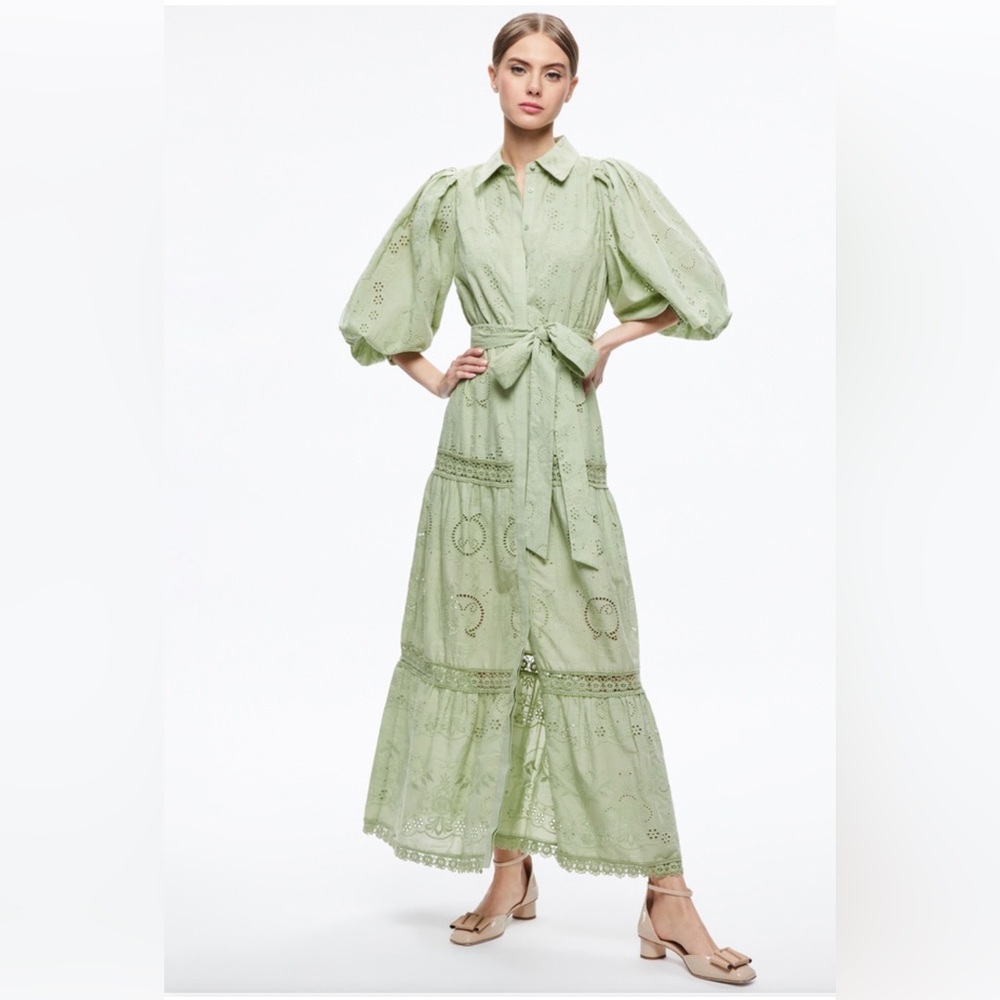 Alice + Olivia Lilly Collared Eyelet Maxi Dress - Sage Green, Size 0